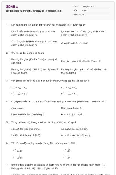 Đề minh họa đề thi Vật Lí cực hay có lời giải (Đề số 8)