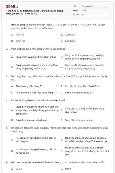 Tổng hợp 20 đề thi thử môn Vật Lí trung học phổ thông quốc gia năm 2019 (Đề số 21)