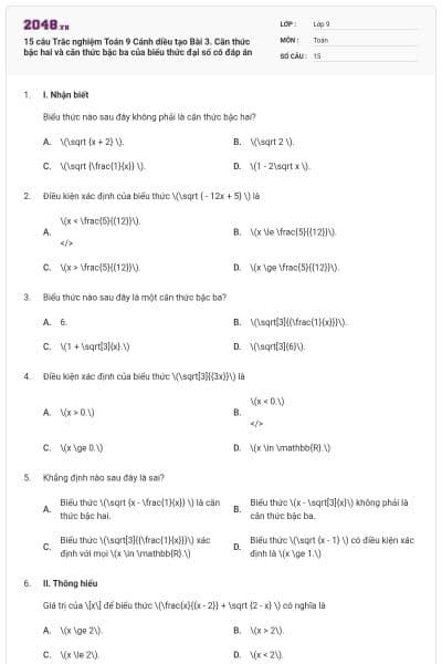 15 câu Trắc nghiệm Toán 9 Cánh diều tạo Bài 3. Căn thức bậc hai và căn thức bậc ba của biểu thức đại số có đáp án