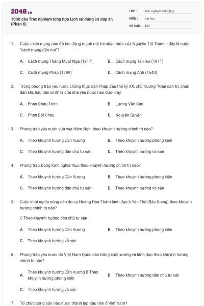 1000 câu Trắc nghiệm tổng hợp Lịch sử đảng có đáp án (Phần 6)