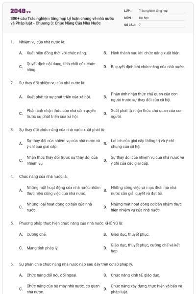 300+ câu Trắc nghiệm tổng hợp Lý luận chung về nhà nước và Pháp luật - Chương 3: Chức Năng Của Nhà Nước