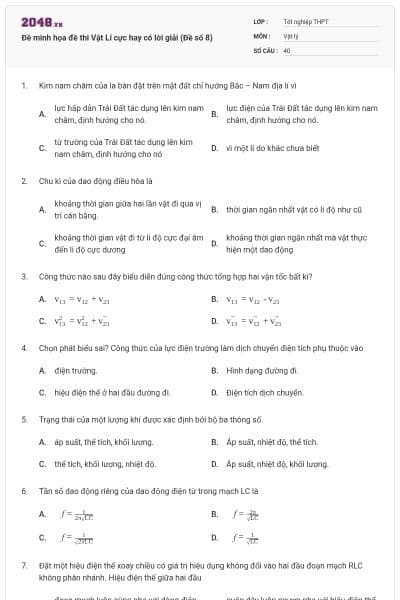 Đề minh họa đề thi Vật Lí cực hay có lời giải (Đề số 8)