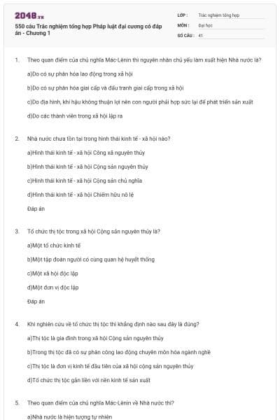 550 câu Trắc nghiệm tổng hợp Pháp luật đại cương có đáp án - Chương 1