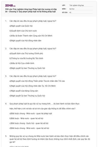550 câu Trắc nghiệm tổng hợp Pháp luật đại cương có đáp án - Chương 3: Quy phạm pháp luật và hệ thống pháp luật