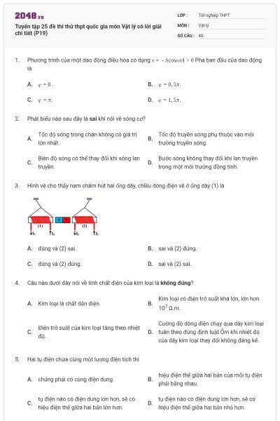 Tuyển tập 25 đề thi thử thpt quốc gia môn Vật lý có lời giải chi tiết (P19)