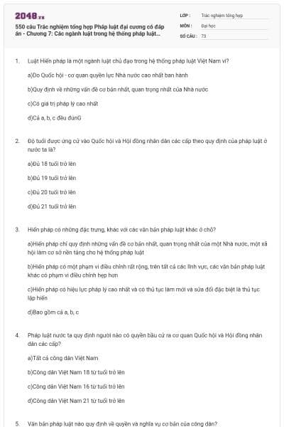 550 câu Trắc nghiệm tổng hợp Pháp luật đại cương có đáp án - Chương 7: Các ngành luật trong hệ thống pháp luật Việt Nam