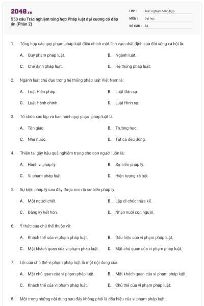 550 câu Trắc nghiệm tổng hợp Pháp luật đại cương có đáp án (Phần 2)
