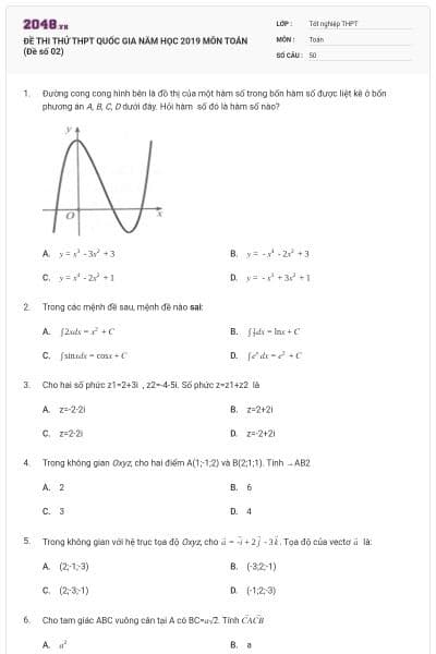 ĐỀ THI THỬ THPT QUỐC GIA NĂM HỌC 2019 MÔN TOÁN (Đề số 02)