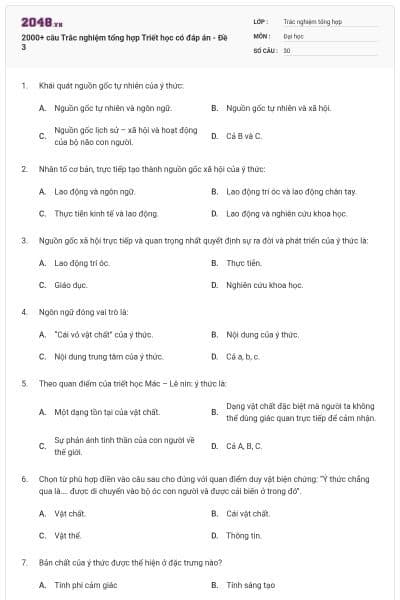 2000+ câu Trắc nghiệm tổng hợp Triết học có đáp án - Đề 3