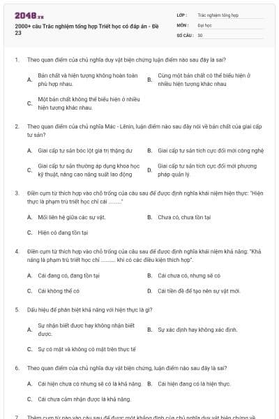 2000+ câu Trắc nghiệm tổng hợp Triết học có đáp án - Đề 23