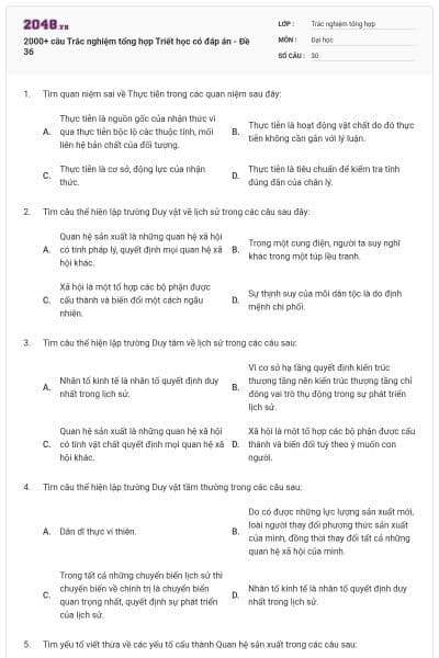 2000+ câu Trắc nghiệm tổng hợp Triết học có đáp án - Đề 36