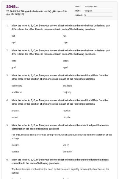 25 đề thi thử Tiếng Anh chuẩn cấu trúc bộ giáo dục có lời giải chi tiết(p10)