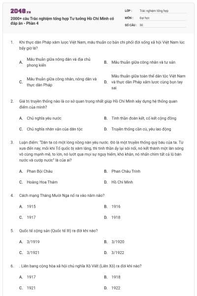 2000+ câu Trắc nghiệm tổng hợp Tư tưởng Hồ Chí Minh có đáp án  - Phần 4