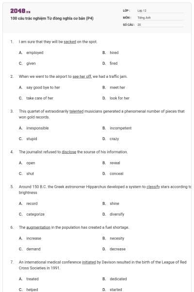 100 câu trắc nghiệm Từ đồng nghĩa cơ bản (P4)