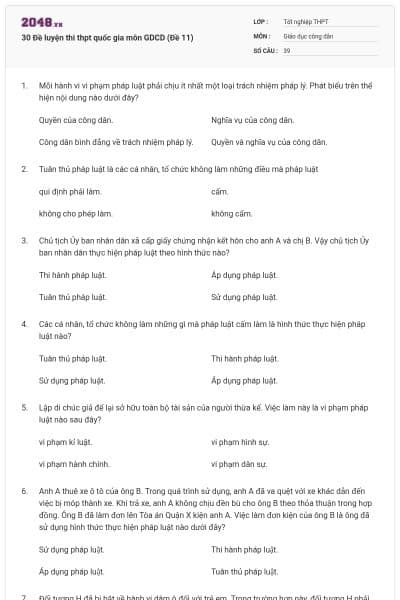 30 Đề luyện thi thpt quốc gia môn GDCD (Đề 11)