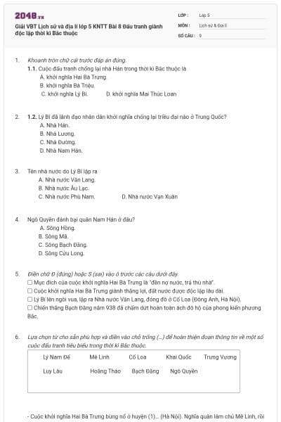 Giải VBT Lịch sử và địa lí lớp 5 KNTT Bài 8 Đấu tranh giành độc lập thời kì Bắc thuộc