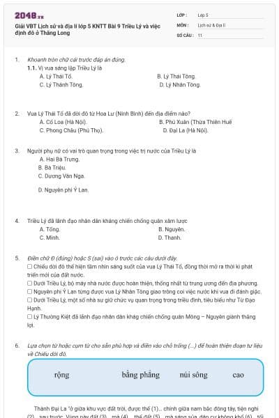 Giải VBT Lịch sử và địa lí lớp 5 KNTT Bài 9 Triều Lý và việc định đô ở Thăng Long