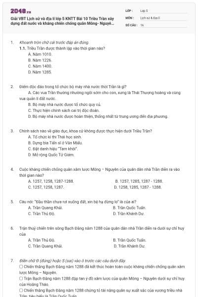 Giải VBT Lịch sử và địa lí lớp 5 KNTT Bài 10 Triều Trần xây dựng đất nước và kháng chiến chống quân Mông- Nguyên xâm lược