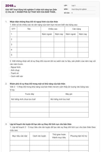 Giải VBT hoạt động trải nghiệm 5 chân trời sáng tạo (bản 2) Chủ đề 1: KHÁM PHÁ SỰ THAY ĐỔI CỦA BẢN THÂN..