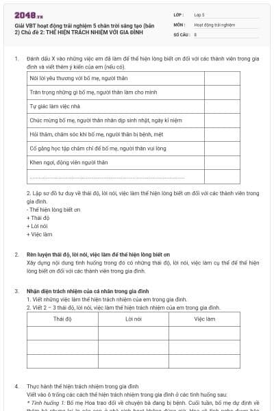 Giải VBT hoạt động trải nghiệm 5 chân trời sáng tạo (bản 2) Chủ đề 2: THỂ HIỆN TRÁCH NHIỆM VỚI GIA ĐÌNH