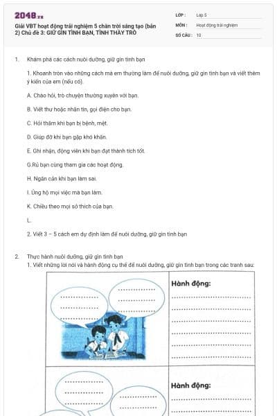 Giải VBT hoạt động trải nghiệm 5 chân trời sáng tạo (bản 2) Chủ đề 3: GIỮ GÌN TÌNH BẠN, TÌNH THẦY TRÒ