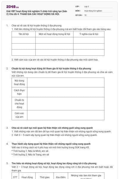 Giải VBT hoạt động trải nghiệm 5 chân trời sáng tạo (bản 2) Chủ đề 4: THAM GIA CÁC HOẠT ĐỘNG XÃ HỘI.