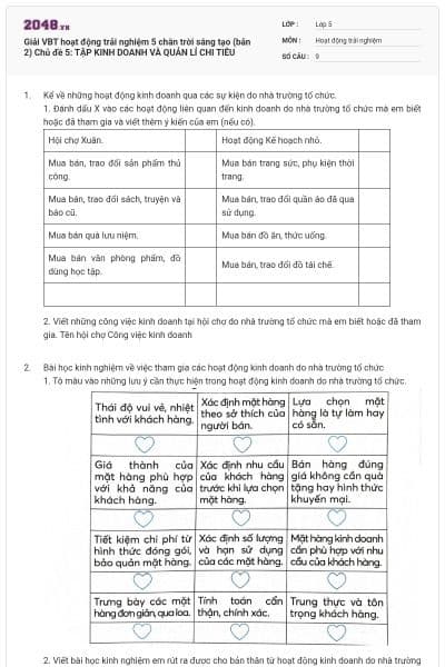 Giải VBT hoạt động trải nghiệm 5 chân trời sáng tạo (bản 2) Chủ đề 5: TẬP KINH DOANH VÀ QUẢN LÍ CHI TIÊU