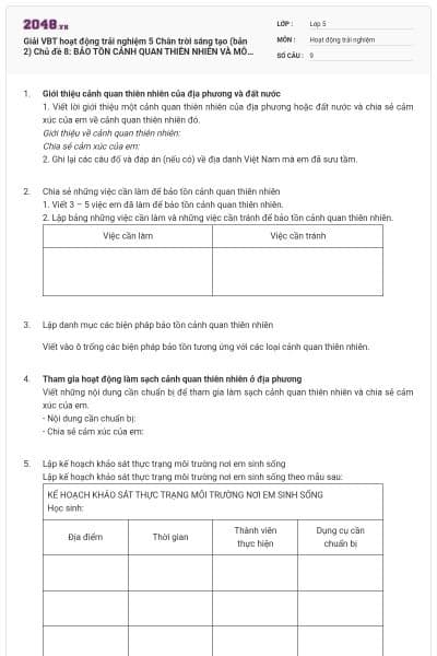 Giải VBT hoạt động trải nghiệm 5 Chân trời sáng tạo (bản 2) Chủ đề 8: BẢO TỒN CẢNH QUAN THIÊN NHIÊN VÀ MÔI TRƯỜNG
