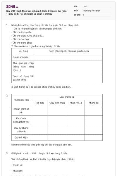 Giải VBT Hoạt động trải nghiệm 5 Chân trời sáng tạo (bản 1) Chủ đề 5: Hội chợ xuân và quản lí chi tiêu
