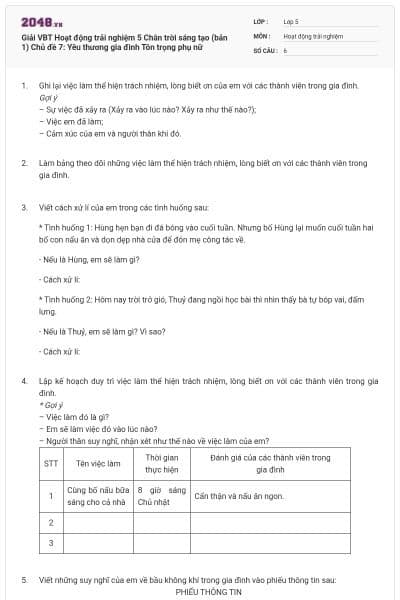 Giải VBT Hoạt động trải nghiệm 5 Chân trời sáng tạo (bản 1) Chủ đề 7: Yêu thương gia đình Tôn trọng phụ nữ