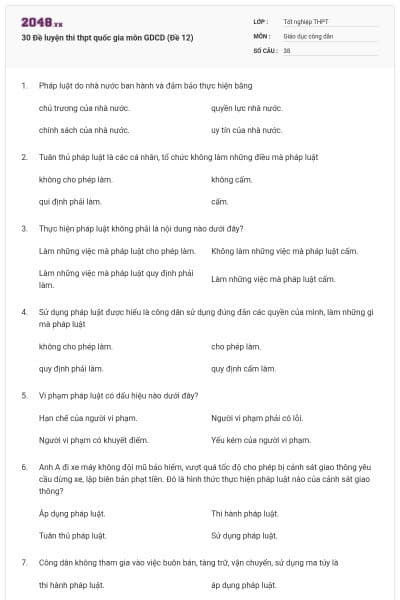 30 Đề luyện thi thpt quốc gia môn GDCD (Đề 12)