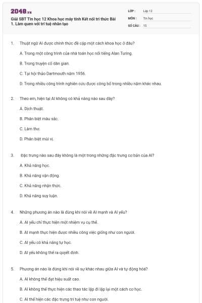 Giải SBT Tin học 12 Khoa học máy tính Kết nối tri thức Bài 1. Làm quen với trí tuệ nhân tạo