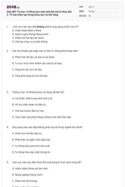 Giải SBT Tin học 12 Khoa học máy tính Kết nối tri thức Bài 2. Trí tuệ nhân tạo trong khoa học và đời sống