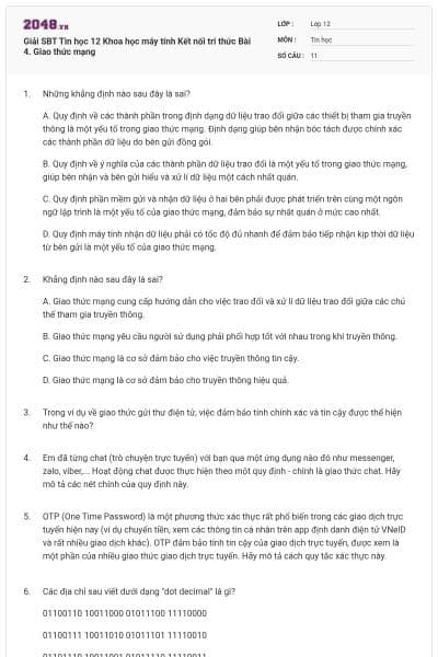 Giải SBT Tin học 12 Khoa học máy tính Kết nối tri thức Bài 4. Giao thức mạng