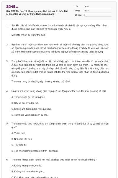Giải SBT Tin học 12 Khoa học máy tính Kết nối tri thức Bài 6. Giao tiếp và ứng xử trong không gian mạng