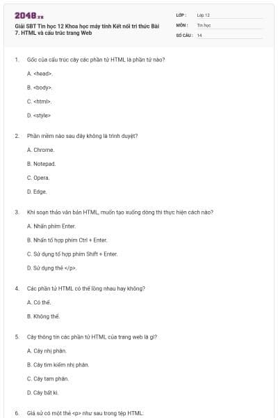 Giải SBT Tin học 12 Khoa học máy tính Kết nối tri thức Bài 7. HTML và cấu trúc trang Web