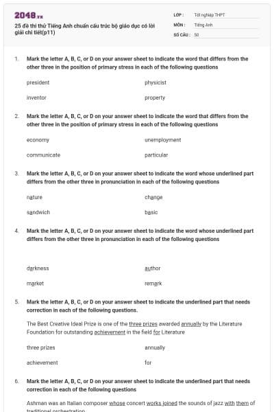 25 đề thi thử Tiếng Anh chuẩn cấu trúc bộ giáo dục có lời giải chi tiết(p11)