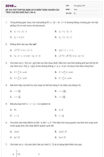 ĐỀ THI THỬ THPTQG NĂM 2019 MÔN TOÁN CHUẨN CẤU TRÚC CỦA BỘ GIÁO DỤC ( Đề 4)