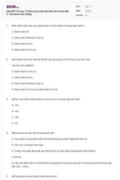 Giải SBT Tin học 12 Khoa học máy tính Kết nối tri thức Bài 9. Tạo danh sách, Bảng