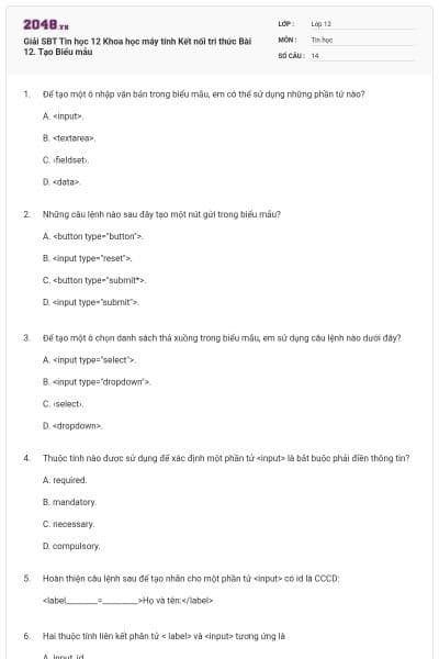 Giải SBT Tin học 12 Khoa học máy tính Kết nối tri thức Bài 12. Tạo Biểu mẫu