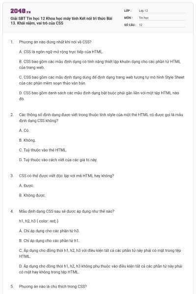 Giải SBT Tin học 12 Khoa học máy tính Kết nối tri thức Bài 13. Khái niệm, vai trò của CSS