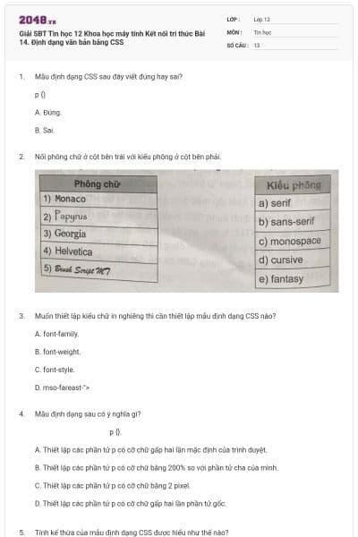 Giải SBT Tin học 12 Khoa học máy tính Kết nối tri thức Bài 14. Định dạng văn bản bằng CSS