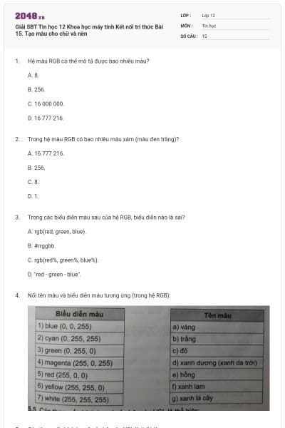 Giải SBT Tin học 12 Khoa học máy tính Kết nối tri thức Bài 15. Tạo màu cho chữ và nền