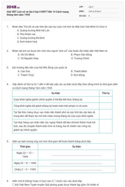 Giải VBT Lịch sử và địa lí lớp 5 KNTT Bài 14 Cách mạng tháng tám năm 1945