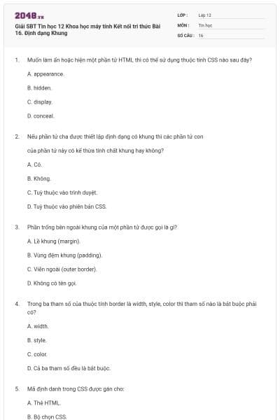 Giải SBT Tin học 12 Khoa học máy tính Kết nối tri thức Bài 16. Định dạng Khung