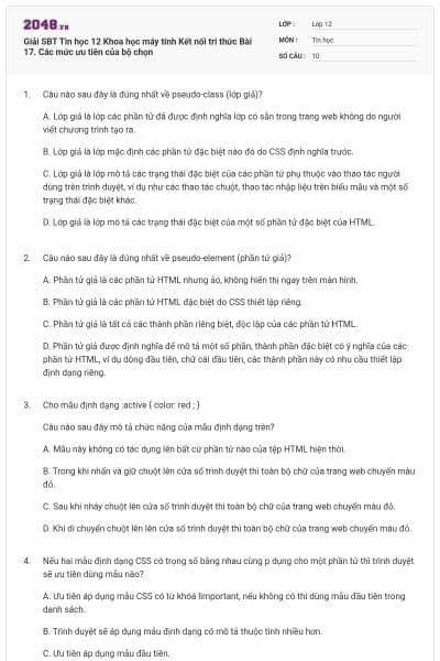 Giải SBT Tin học 12 Khoa học máy tính Kết nối tri thức Bài 17. Các mức ưu tiên của bộ chọn