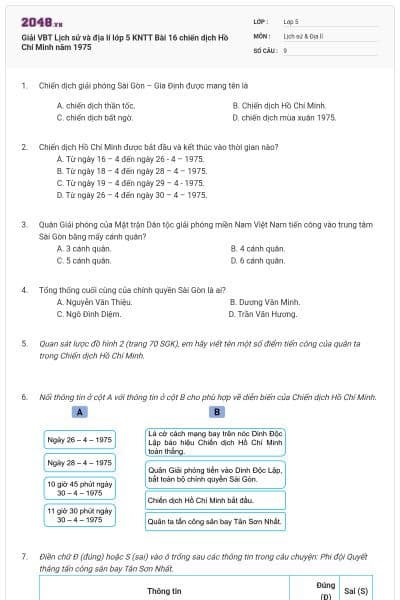 Giải VBT Lịch sử và địa lí lớp 5 KNTT Bài 16 chiến dịch Hồ Chí Minh năm 1975