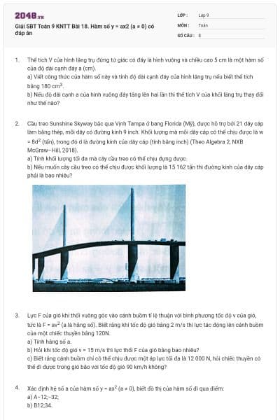 Giải SBT Toán 9 KNTT Bài 18. Hàm số y = ax2 (a ≠ 0) có đáp án