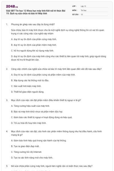 Giải SBT Tin học 12 Khoa học máy tính Kết nối tri thức Bài 19. Dịch vụ sửa chữa và bảo trì Máy tính