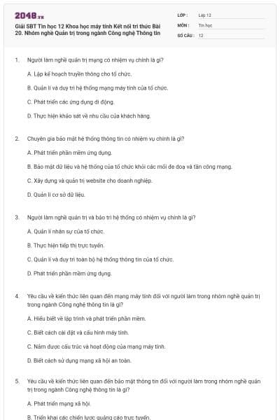 Giải SBT Tin học 12 Khoa học máy tính Kết nối tri thức Bài 20. Nhóm nghề Quản trị trong ngành Công nghệ Thông tin